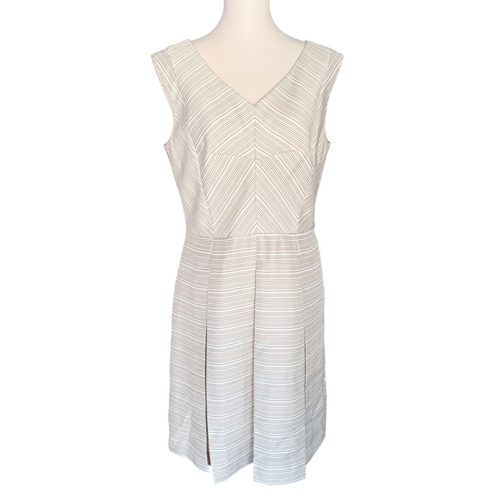 Alex‎ Marie Beige White Striped V-Neck Pleated Sheath Dress Womens Size 12